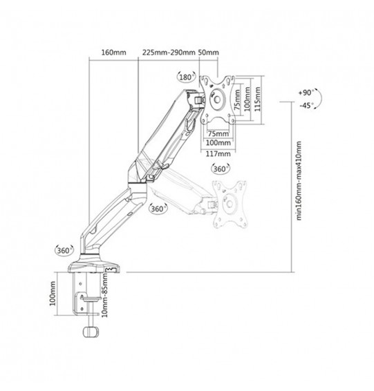 Настольный кронштейн с газлифтом Brateck LDT13-C012 для 1 монитора (13 Настольный кронштейн с газлифтом Brateck LDT13-C012 для 1 монитора (13
